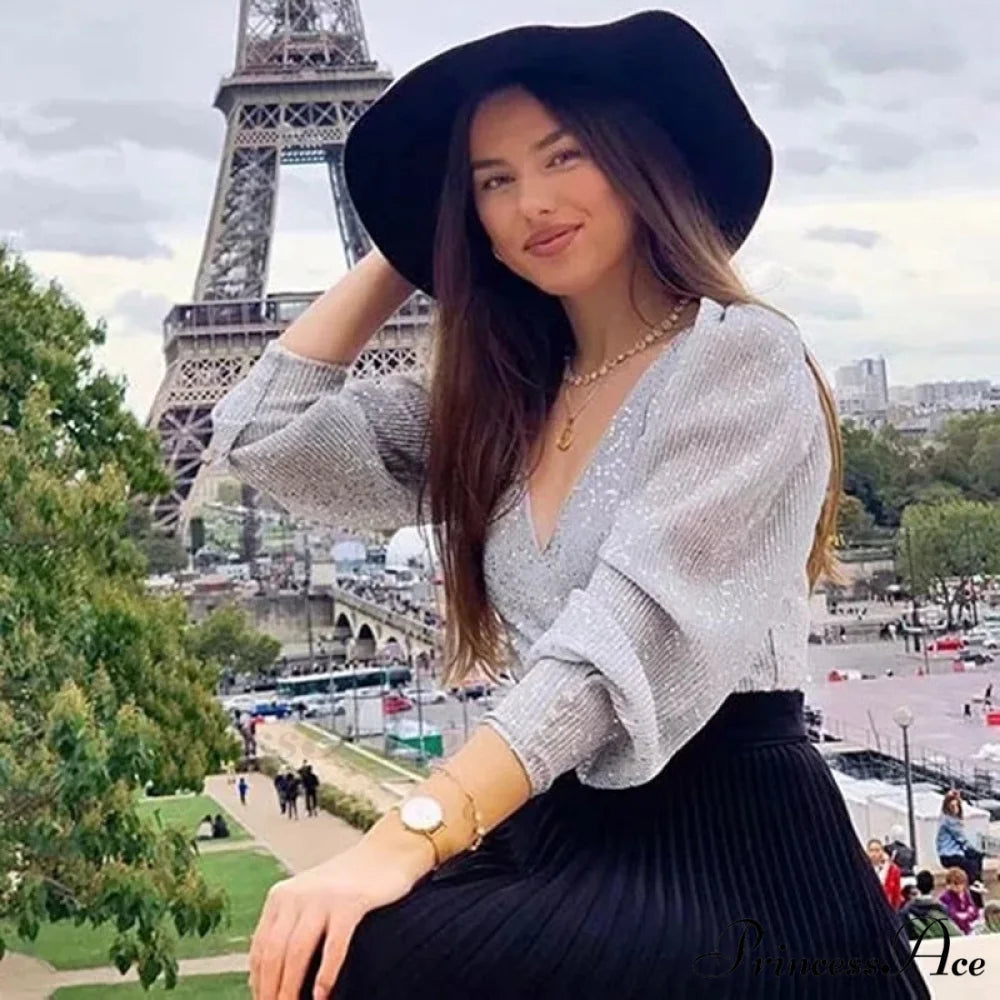 Sequined Vintage V-Neck Party Long Sleeve Tee silver / M