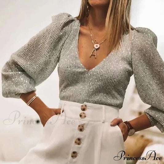 Sequined Vintage V-Neck Party Long Sleeve Tee silver / M