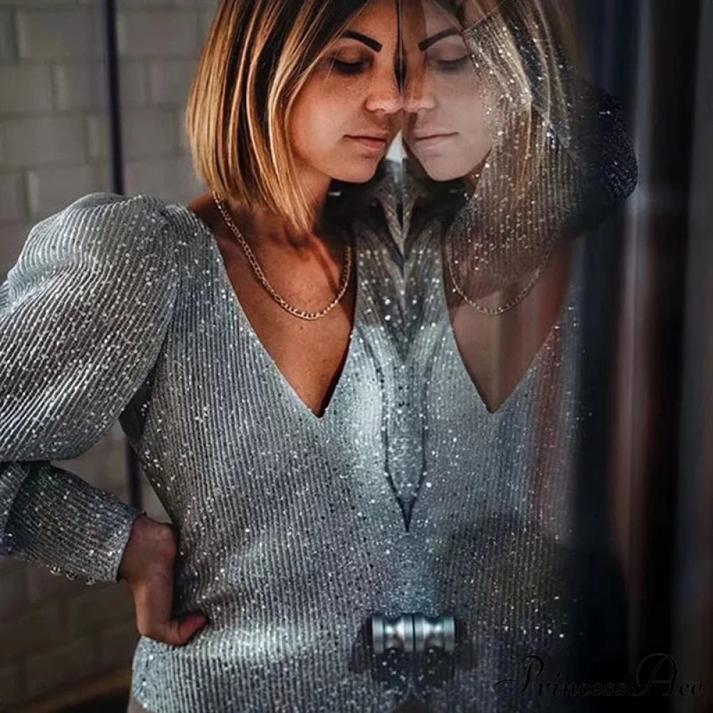 Sequined Vintage V-Neck Party Long Sleeve Tee silver / M