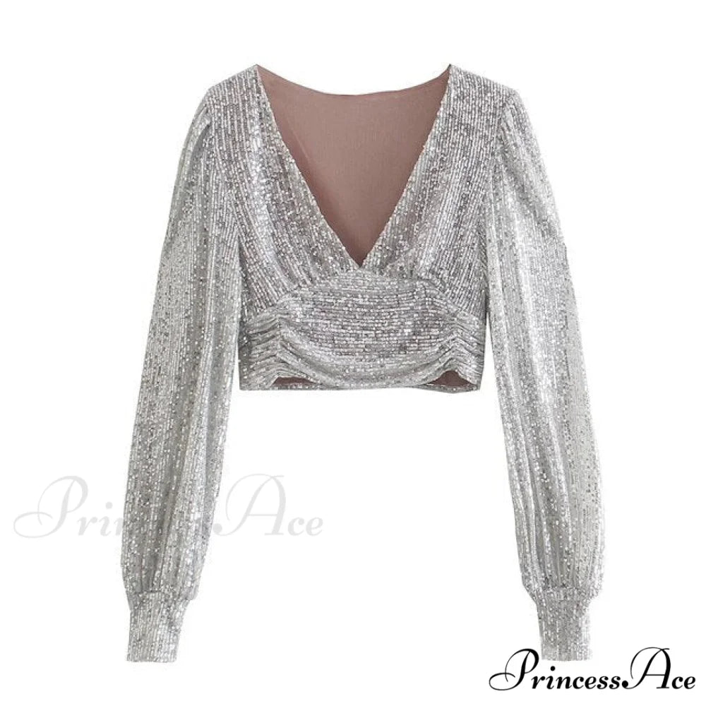 Sequined Vintage V-Neck Party Long Sleeve Tee silver / M