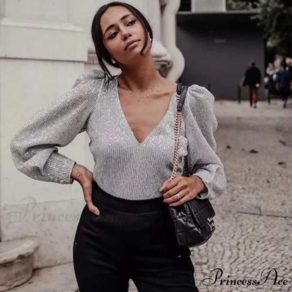 Sequined Vintage V-Neck Party Long Sleeve Tee silver / M