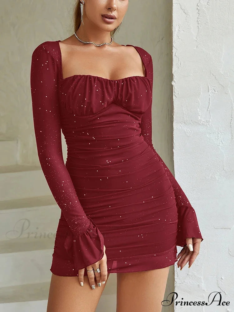Sequins Backless Mini Party Dress Wine / S
