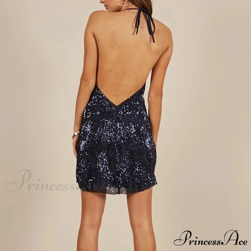 Sequins Backless Sleeveless Cowl Neck Halter Draped Mini Dress