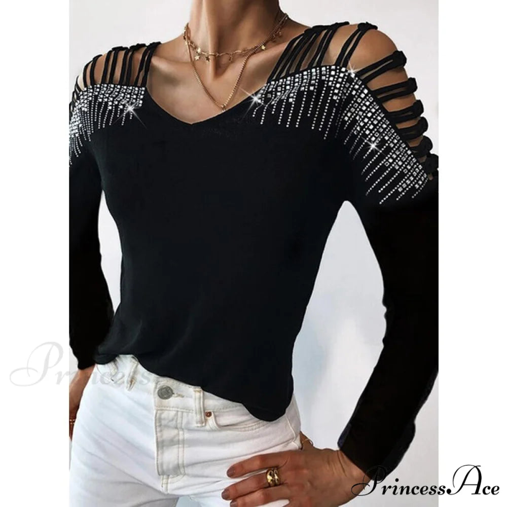 Sequins Cold Shoulder Long Sleeves Irregular V-neck Shirt Black / S