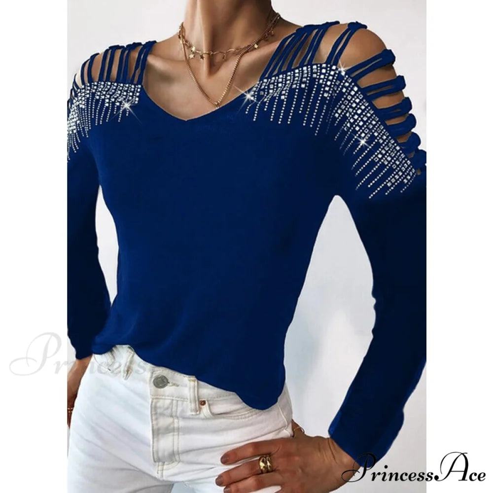 Sequins Cold Shoulder Long Sleeves Irregular V-neck Shirt Blue / S