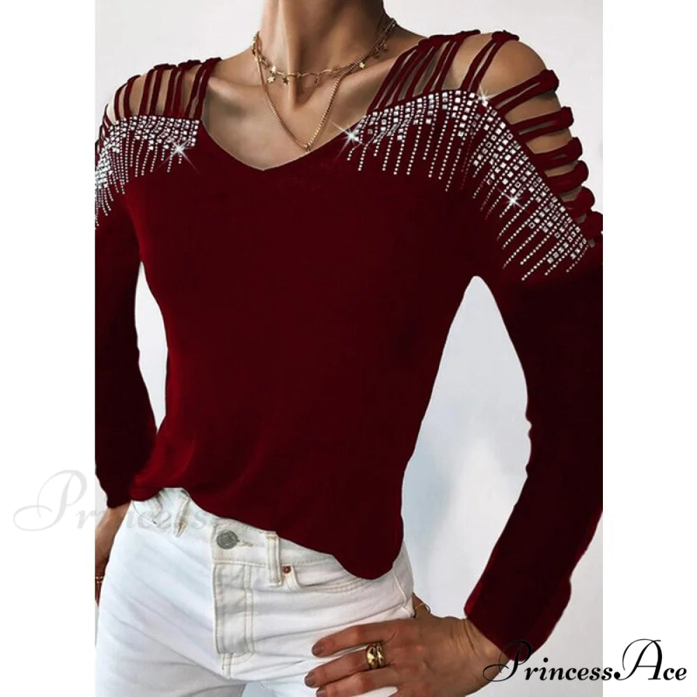 Sequins Cold Shoulder Long Sleeves Irregular V-neck Shirt Red / S