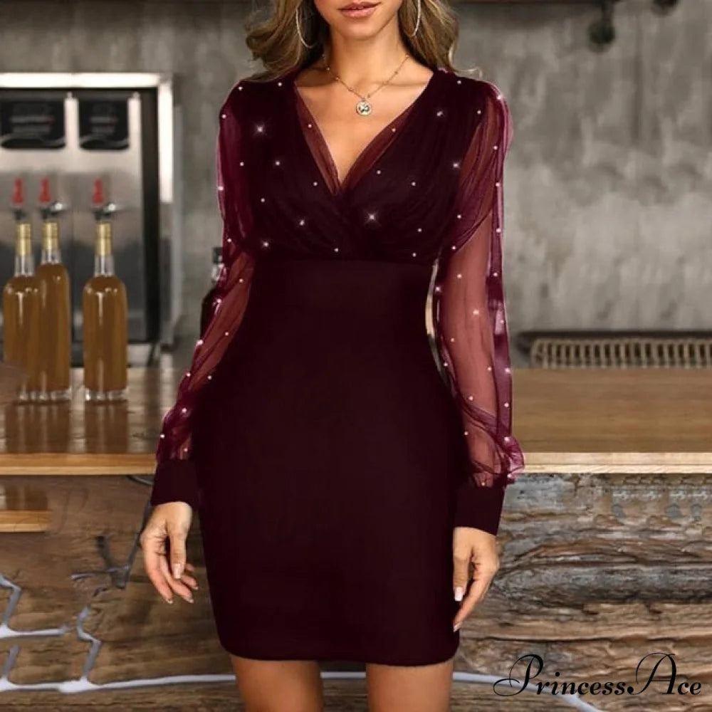 Sequins Elegant Mesh V-neck Long Lace Arm Patchwork Party Dress EA04513-WineRed / S