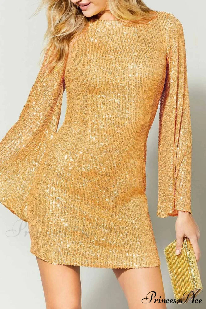 Sequins Flare Sleeve Dress Gold / M