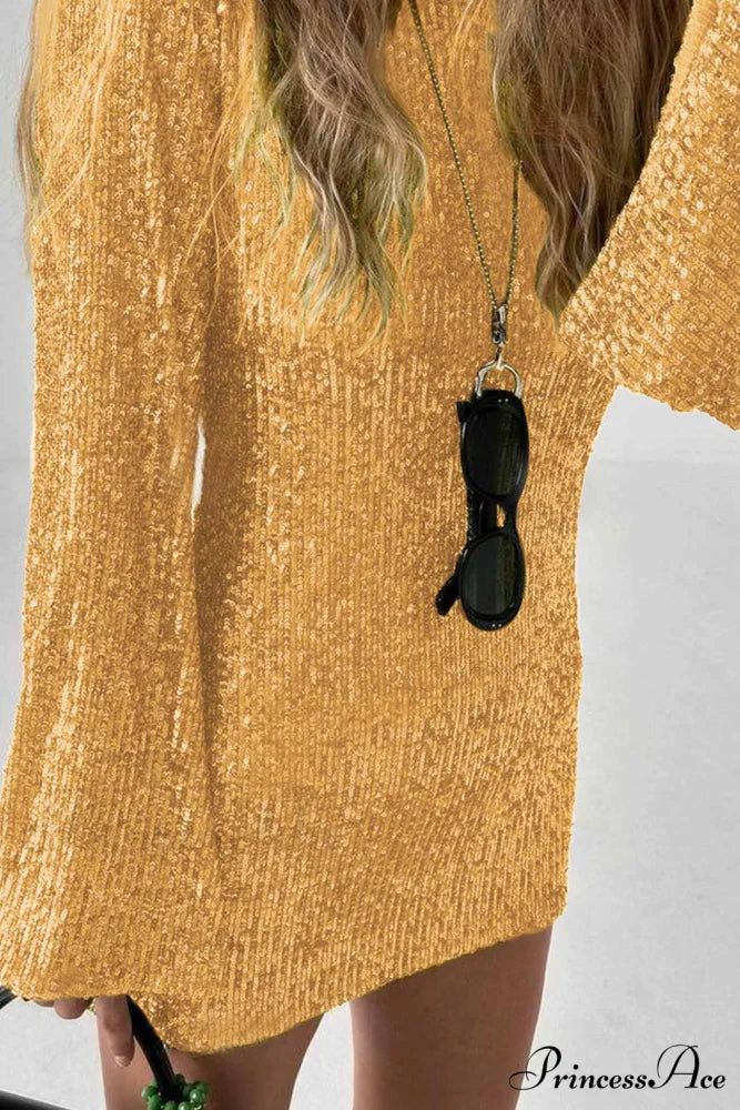 Sequins Flare Sleeve Dress Gold / S