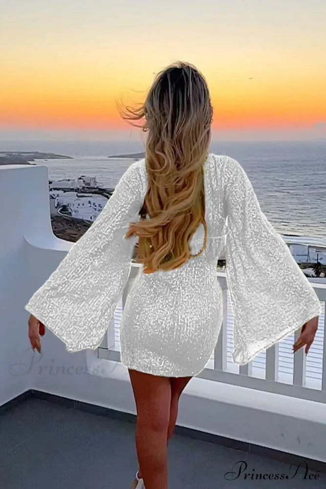 Sequins Flare Sleeve Dress Silver / L