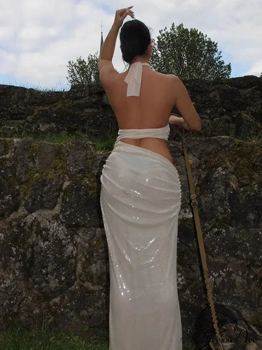 Sequins Hollow Out Halter Party Dress