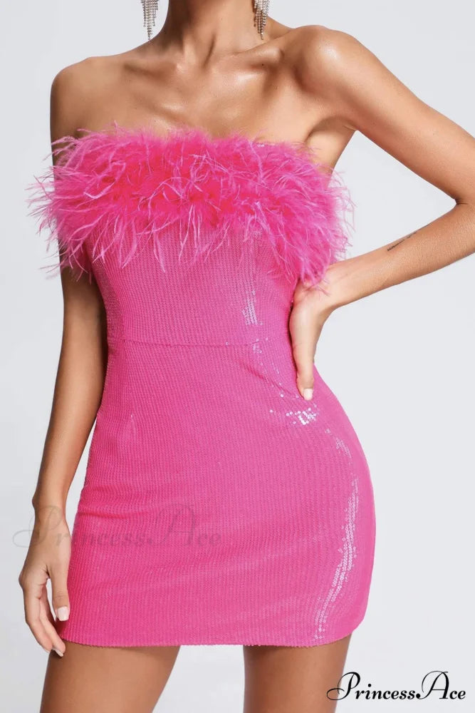 Sequins Pack Hip Dress with Fuzzy Strapless Design Rose / L