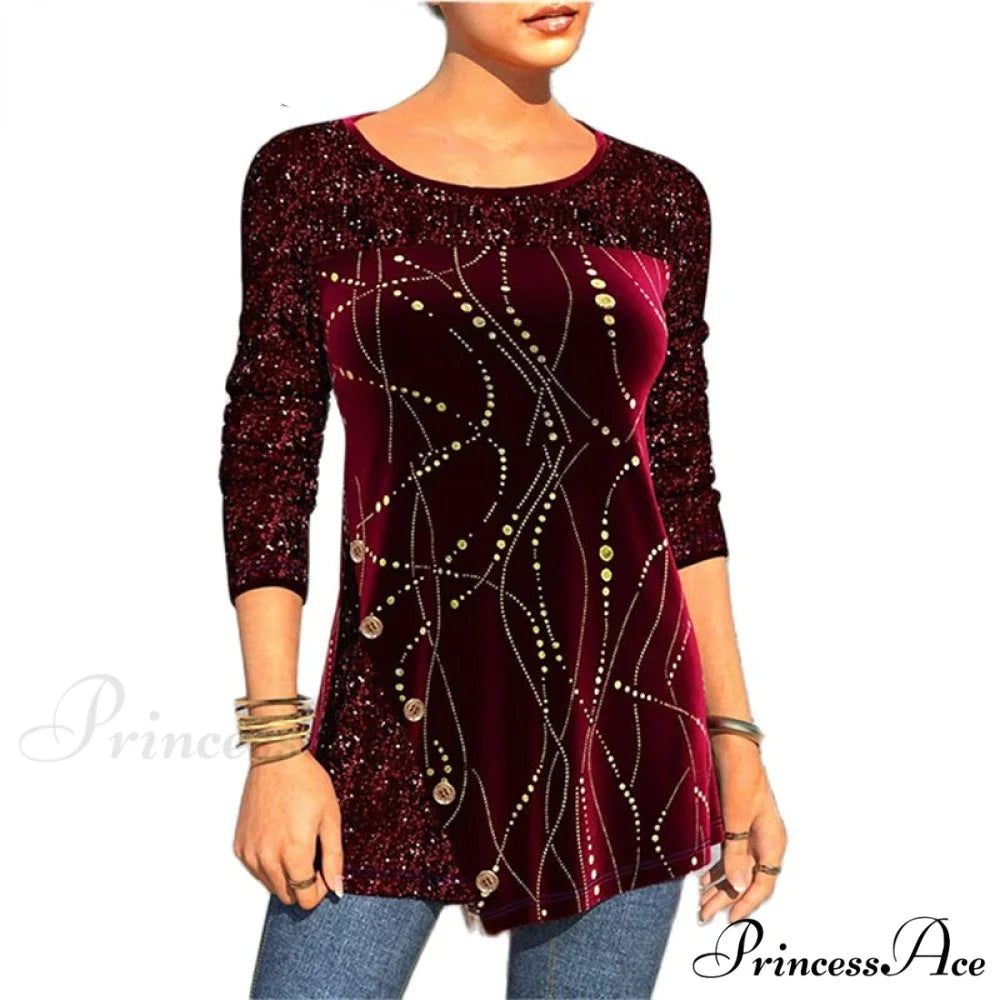Sequins Patchwork Print Long Sleeve O-Neck T Shirt