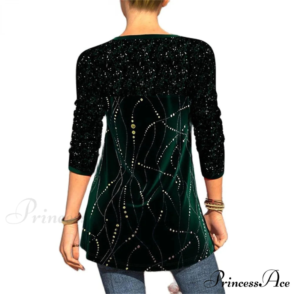 Sequins Patchwork Print Long Sleeve O-Neck T Shirt
