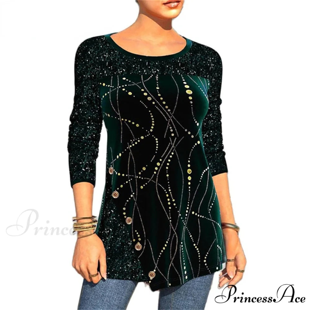 Sequins Patchwork Print Long Sleeve O-Neck T Shirt