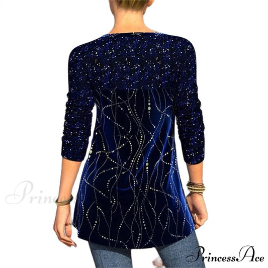 Sequins Patchwork Print Long Sleeve O-Neck T Shirt