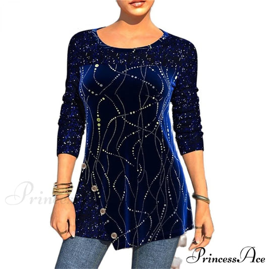 Sequins Patchwork Print Long Sleeve O-Neck T Shirt Blue / S