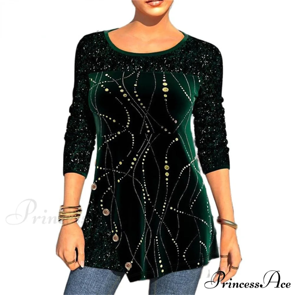 Sequins Patchwork Print Long Sleeve O-Neck T Shirt Green / S