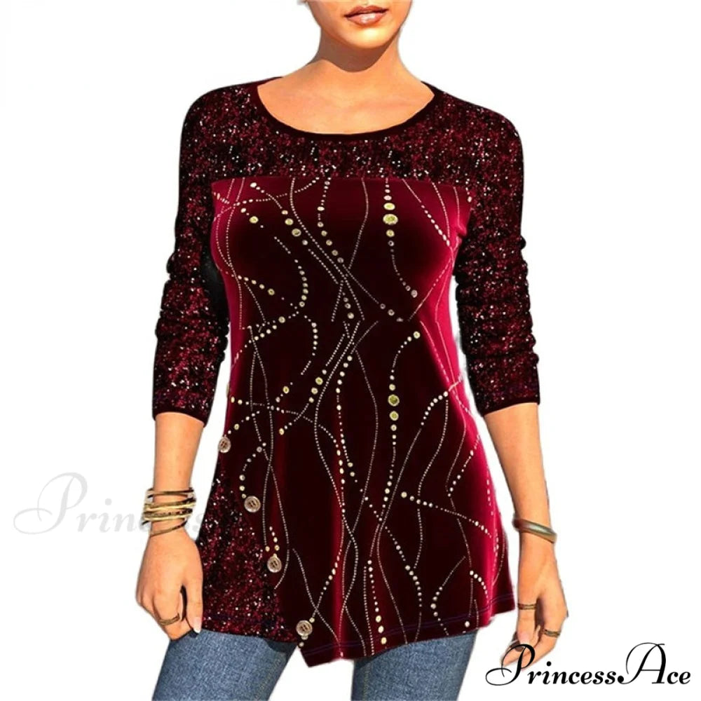 Sequins Patchwork Print Long Sleeve O-Neck T Shirt Red / S