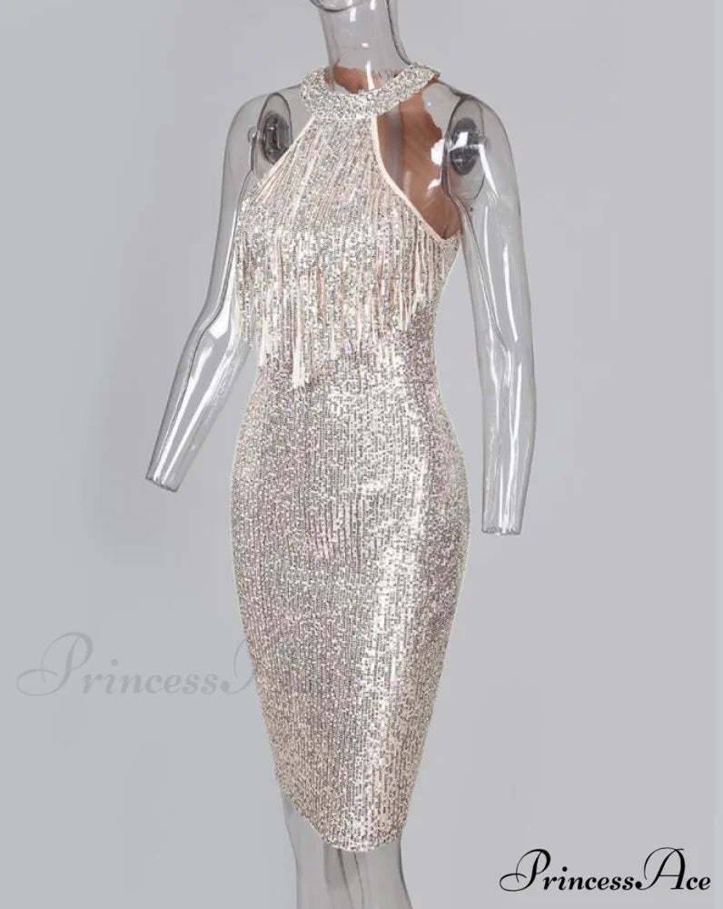 Sequins Sleeveless Halter Tassel Design Bodycon Party Evening Dress