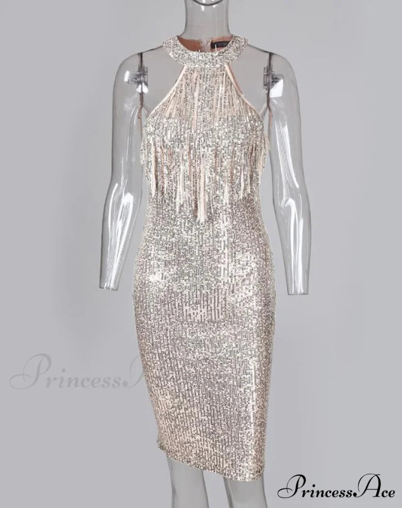 Sequins Sleeveless Halter Tassel Design Bodycon Party Evening Dress
