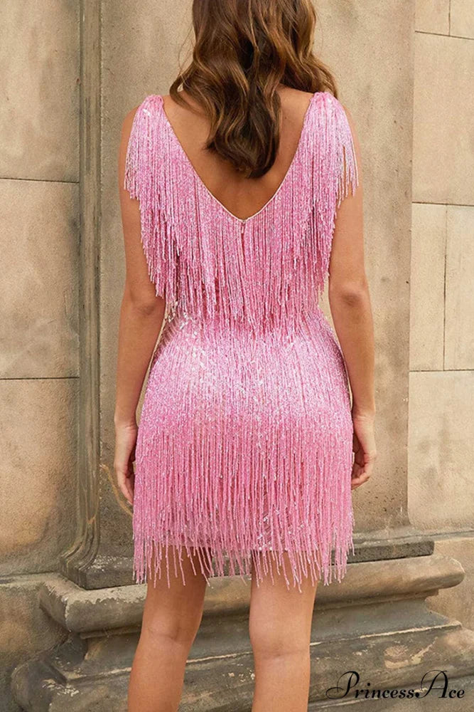 Sequins Tassel Tank Dress Pink / L