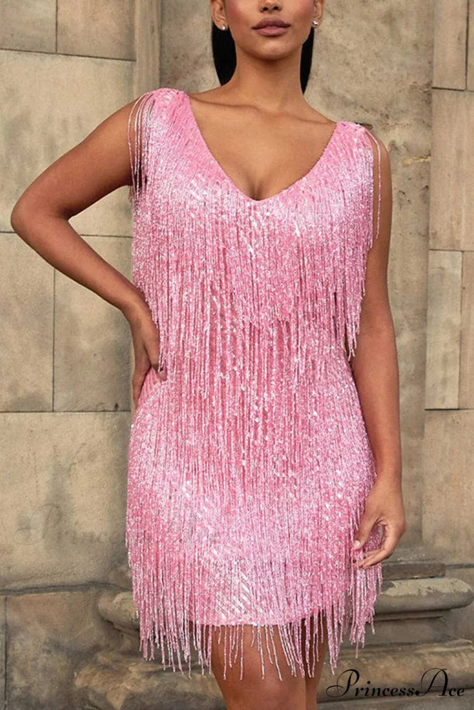 Sequins Tassel Tank Dress Pink / M