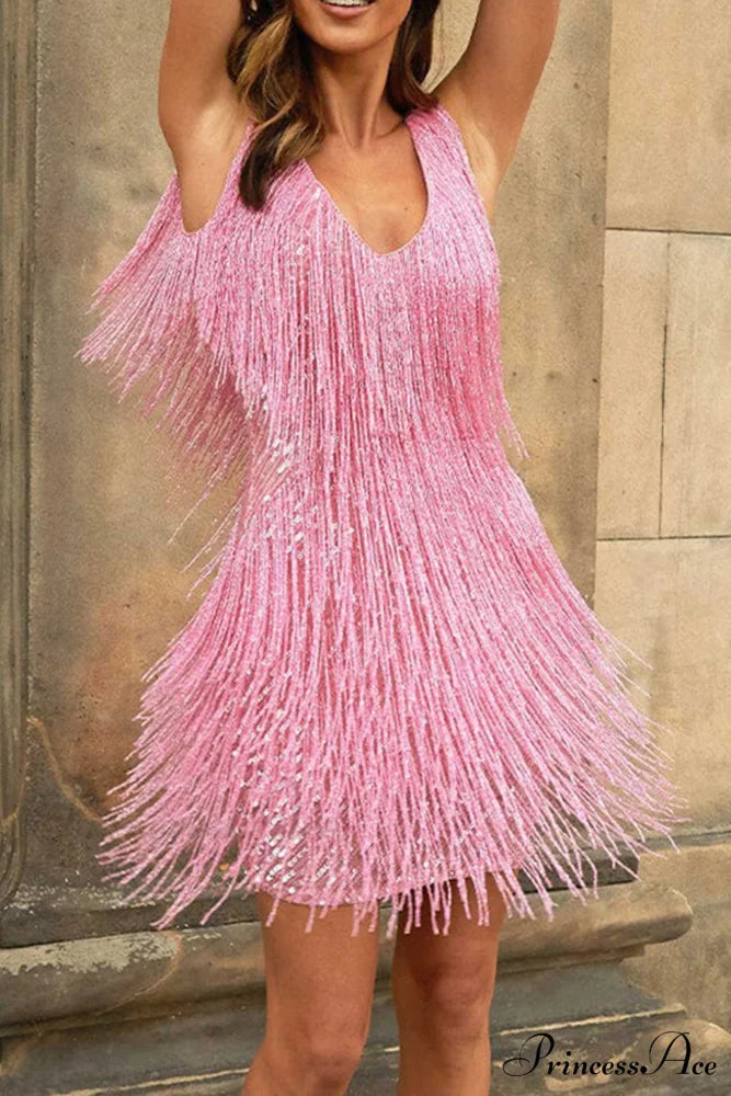 Sequins Tassel Tank Dress Pink / S