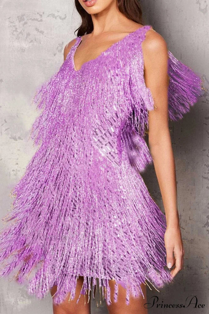 Sequins Tassel Tank Dress Purple / S