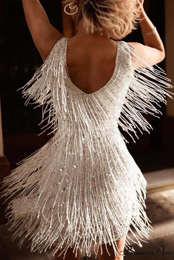 Sequins Tassel Tank Dress Silver / XL