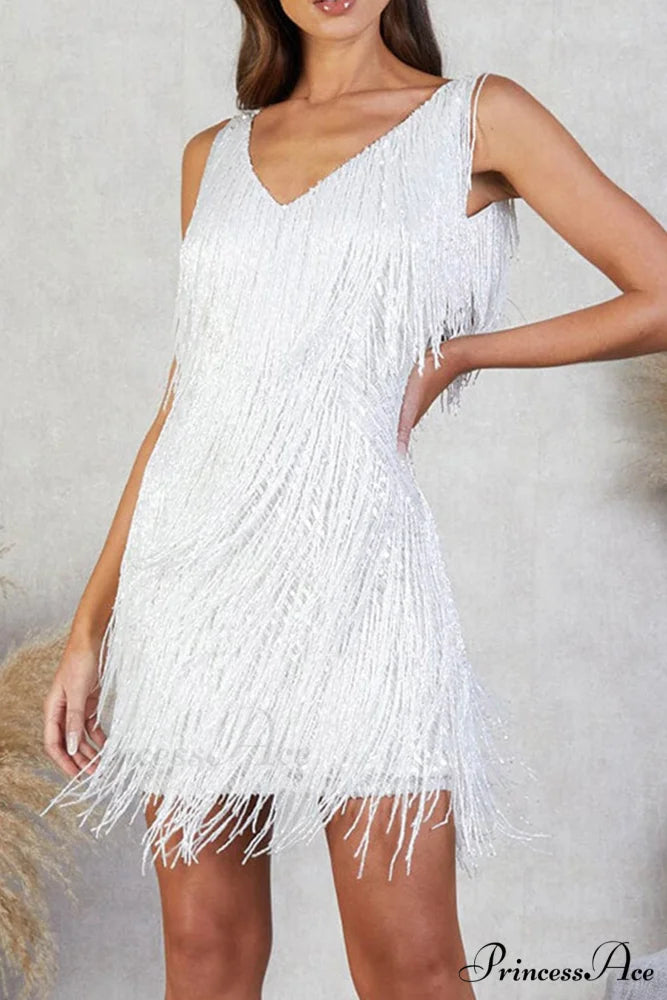 Sequins Tassel Tank Dress White / S