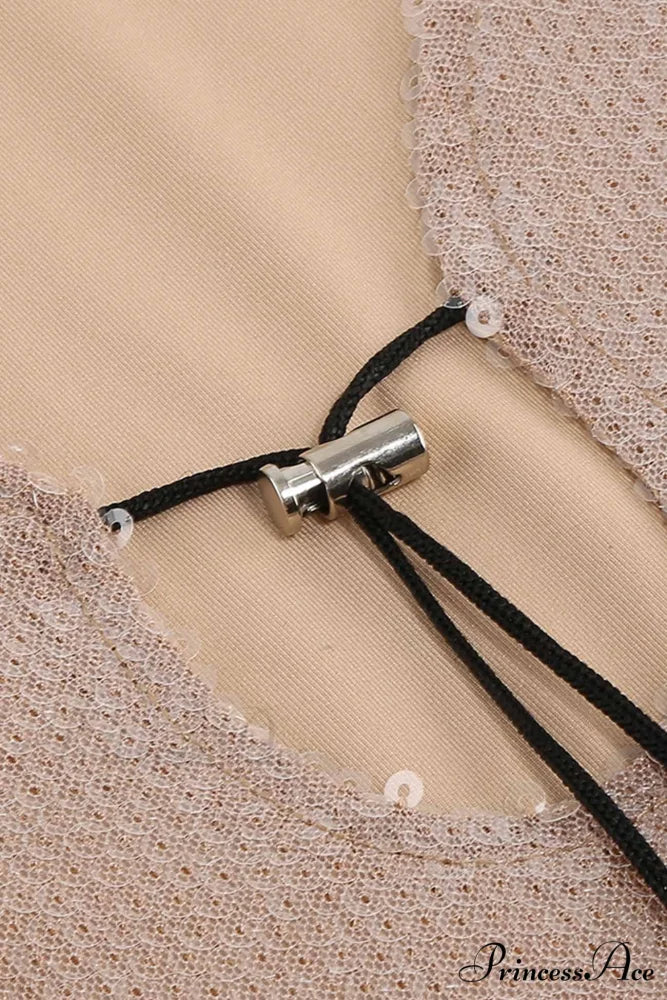 Sequins V Neck Flares Sleeve Pack Hip Dress Camel / L