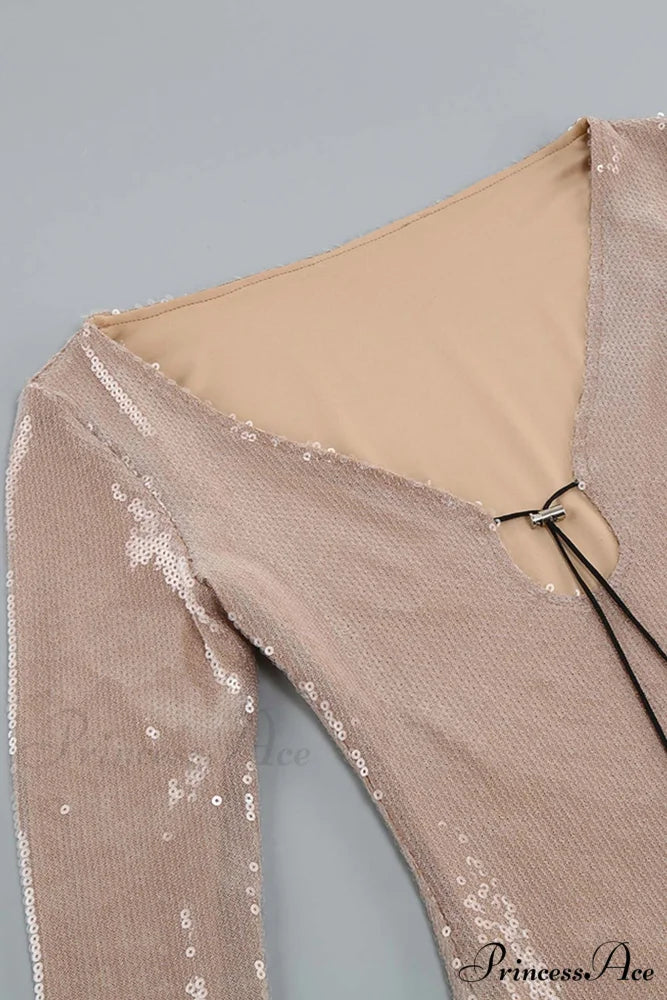 Sequins V Neck Flares Sleeve Pack Hip Dress Camel / M