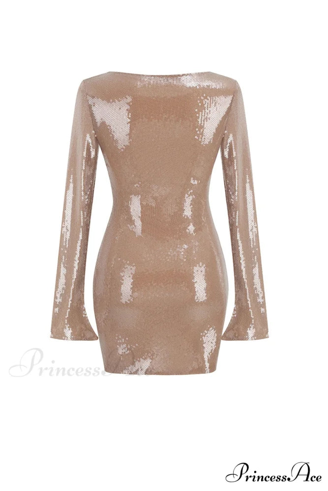 Sequins V Neck Flares Sleeve Pack Hip Dress Camel / S