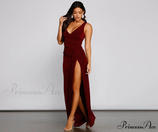 Serena Formal High Charming Slit Lurex Dress WINE / XS
