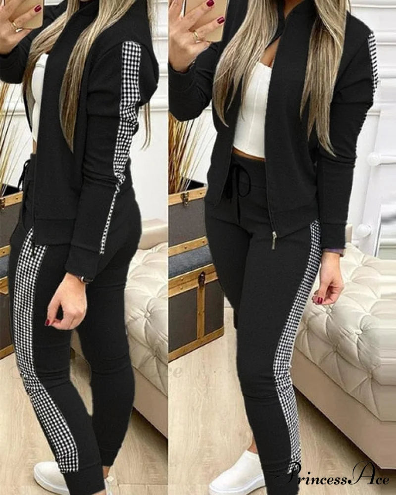 Set for Zipper Pants Long Autumn Piece Fashion + Suit - Winter Tracksuit Jacket 2 Sports Women Black / S