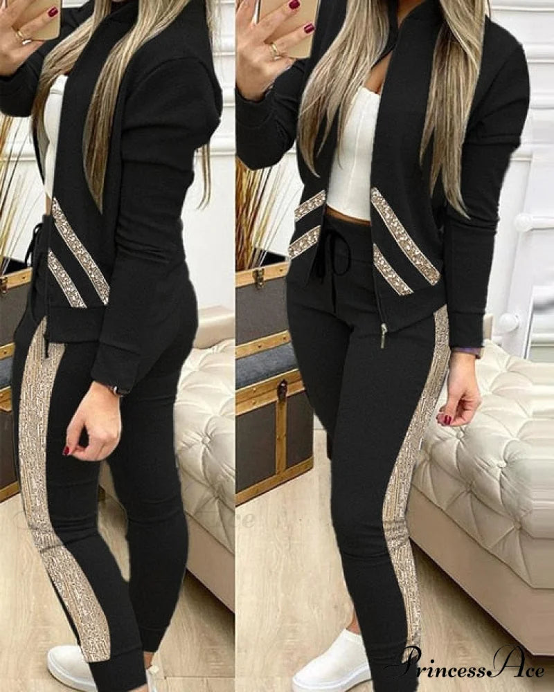 Set for Zipper Pants Long Autumn Piece Fashion + Suit - Winter Tracksuit Jacket 2 Sports Women Black Sequins / S