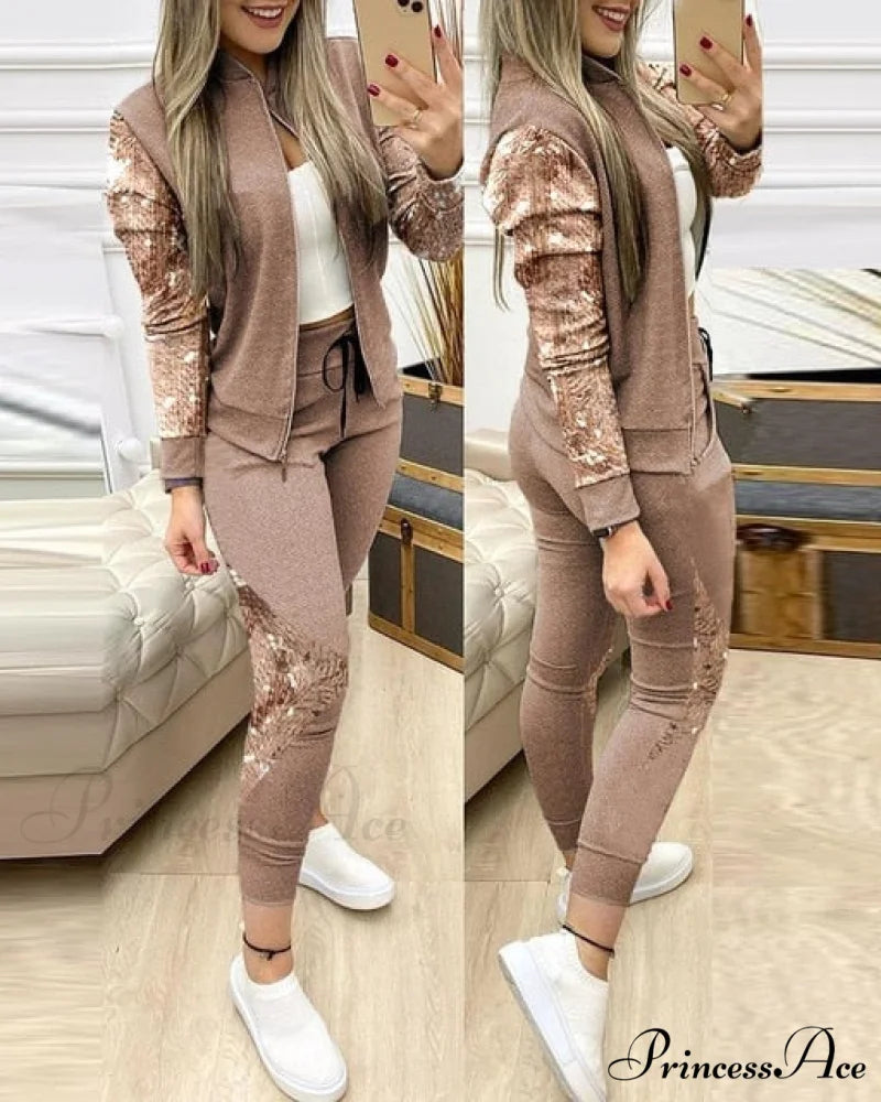 Set for Zipper Pants Long Autumn Piece Fashion + Suit - Winter Tracksuit Jacket 2 Sports Women Brown / S