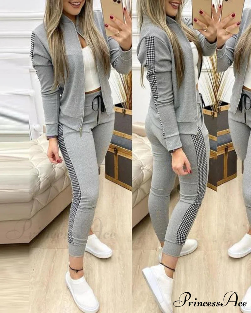 Set for Zipper Pants Long Autumn Piece Fashion + Suit - Winter Tracksuit Jacket 2 Sports Women Gray / S