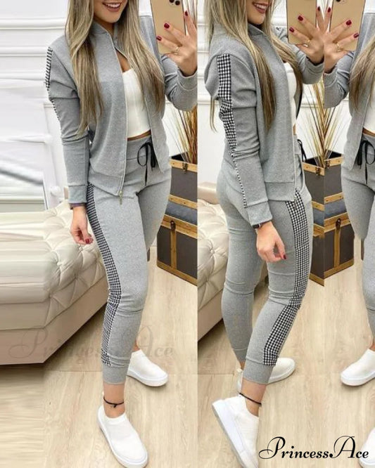 Set for Zipper Pants Long Autumn Piece Fashion + Suit - Winter Tracksuit Jacket 2 Sports Women Gray / S