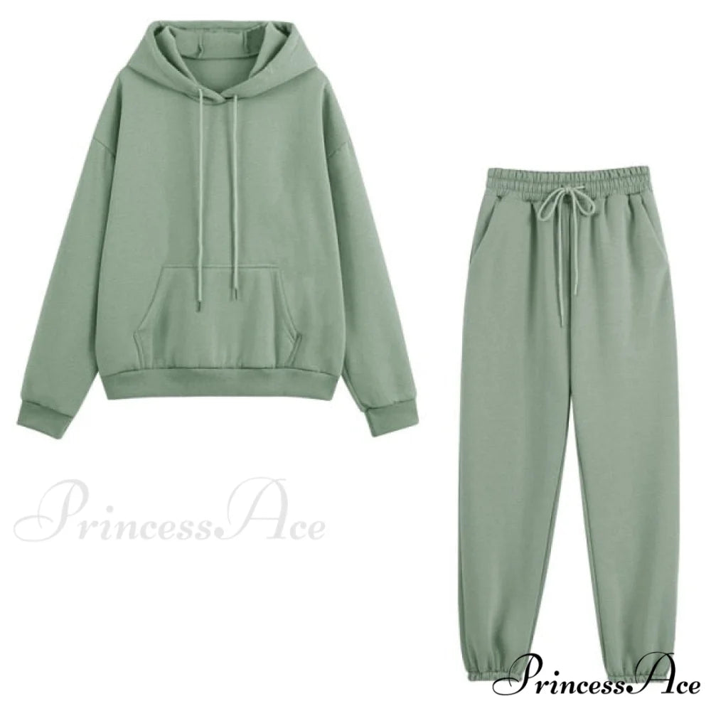 Set - Tracksuit - Hooded Pants Fleece Women’s Color Solid Casual Sweatshirt Autumn/Winter and - Outfit GREEN suit1 / S