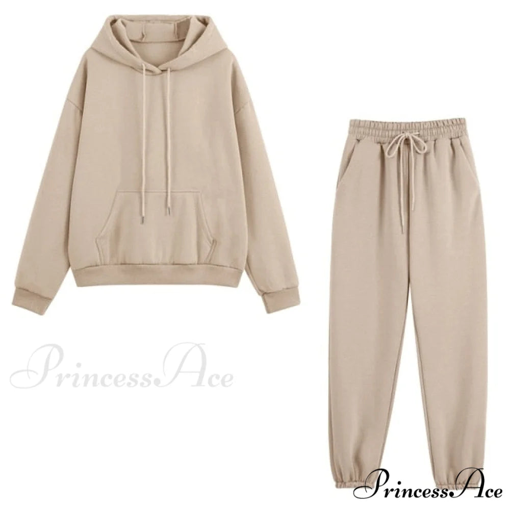 Set - Tracksuit - Hooded Pants Fleece Women’s Color Solid Casual Sweatshirt Autumn/Winter and - Outfit KHAKI suit1 / S