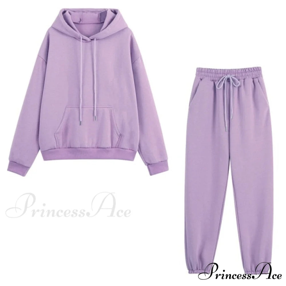 Set - Tracksuit - Hooded Pants Fleece Women’s Color Solid Casual Sweatshirt Autumn/Winter and - Outfit PURPLE suit1 / S