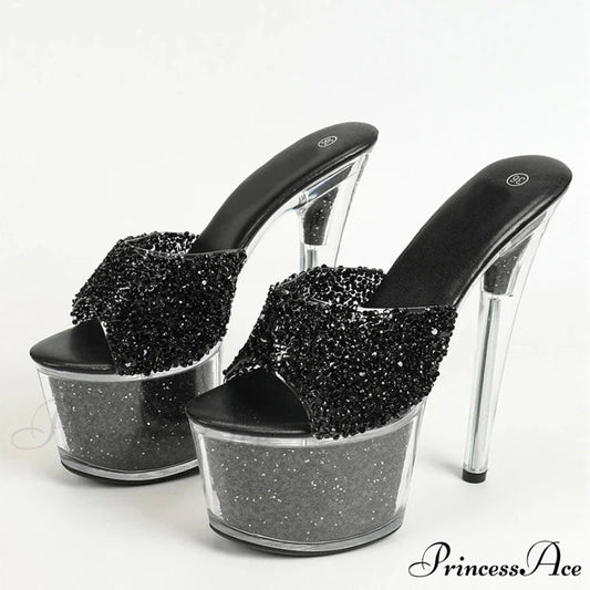 Sexy 20CM Platform Sequined Transparent Summer Open-Toe Slippers High Heel Black / 34