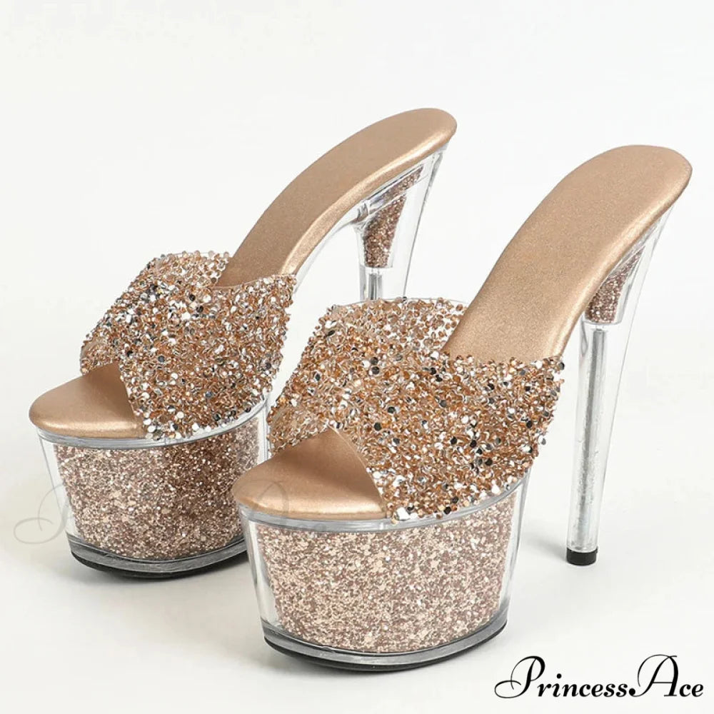 Sexy 20CM Platform Sequined Transparent Summer Open-Toe Slippers High Heel Golden / 34