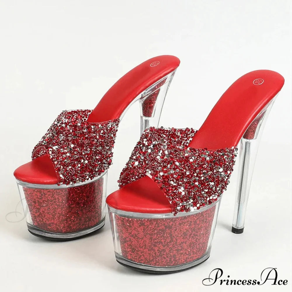 Sexy 20CM Platform Sequined Transparent Summer Open-Toe Slippers High Heel Red / 34