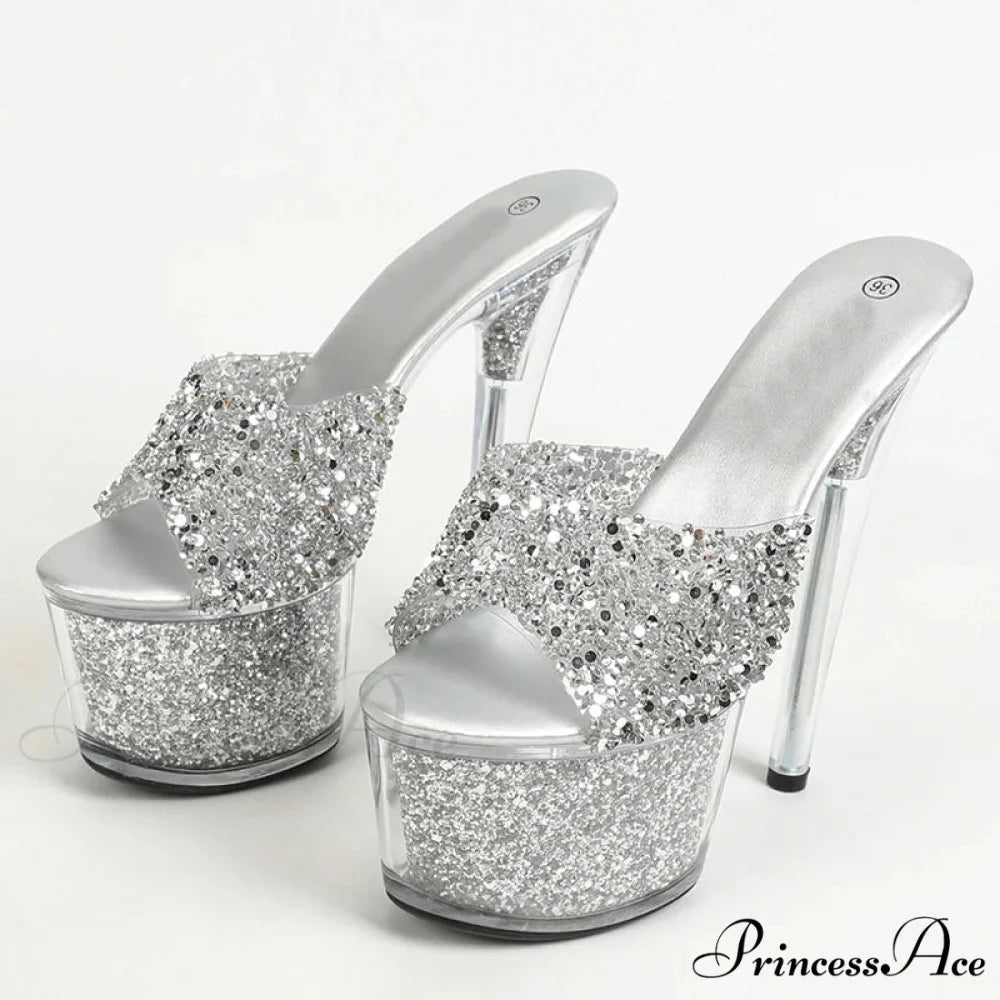Sexy 20CM Platform Sequined Transparent Summer Open-Toe Slippers High Heel Silver / 34