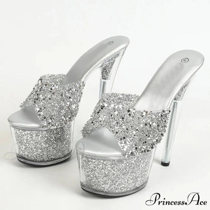Sexy 20CM Platform Sequined Transparent Summer Open-Toe Slippers High Heel Silver / 34
