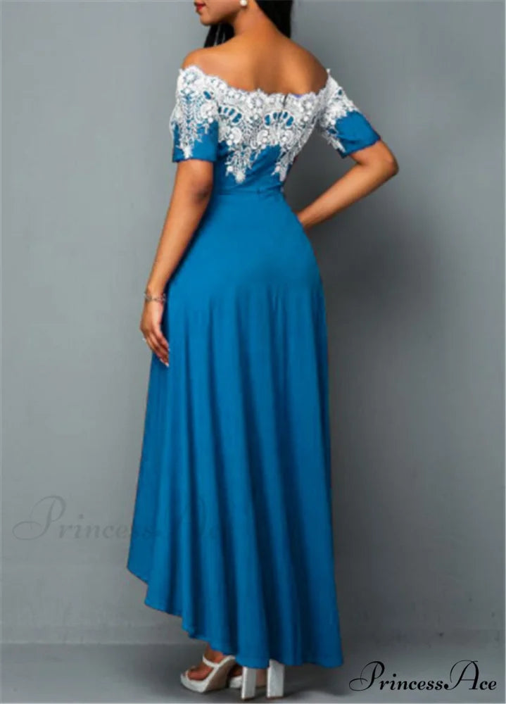 Sexy 5XL Lace One-Shoulder Elegant Gown Irregular Party - Backless Dress Blue / S