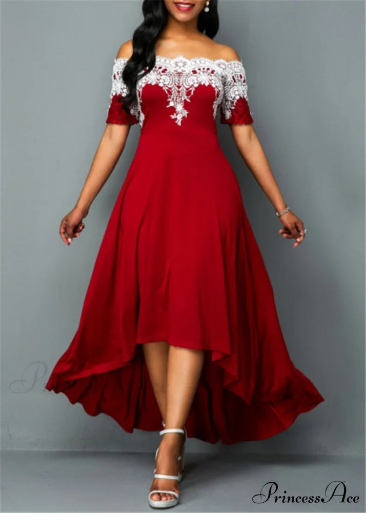 Sexy 5XL Lace One-Shoulder Elegant Gown Irregular Party - Backless Dress Burgundy / S